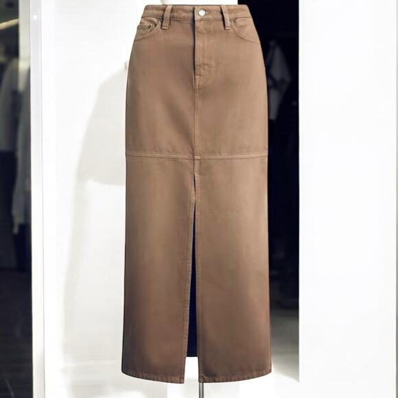 Lauren Ralph Lauren Womens Split Front Honey Tan Denim Maxi Pencil Skirt Size 14
